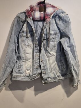 Light Wash Denim Jacket with Plaid Hood